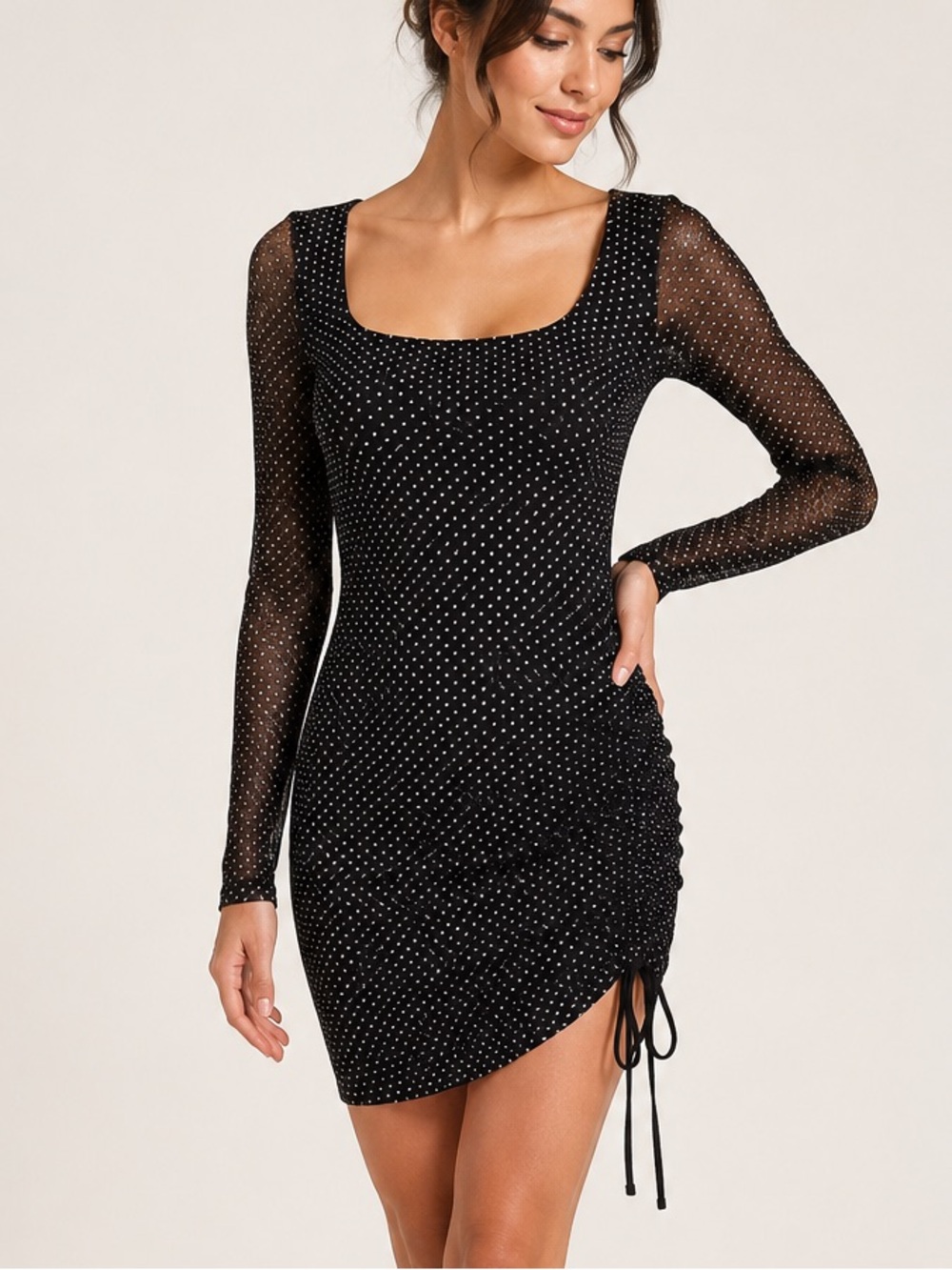re:named Black Polka Dot Ruched Mesh Long Sleeve Mini Dress S